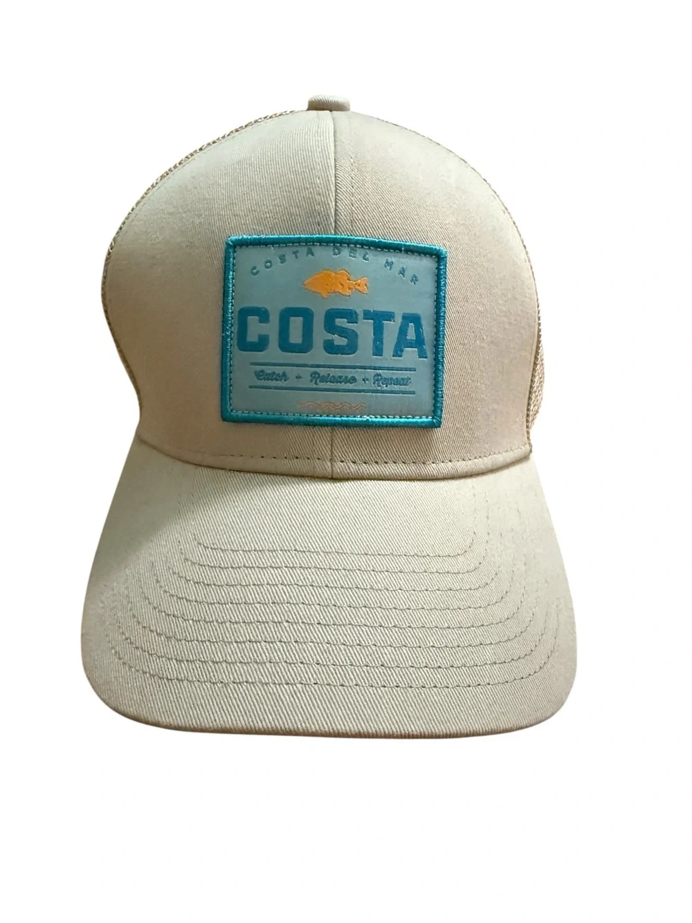 Costa Del Mar Topwater Trucker Hat Tan Mesh Snapback Adjustable Fishing Cap NWOT